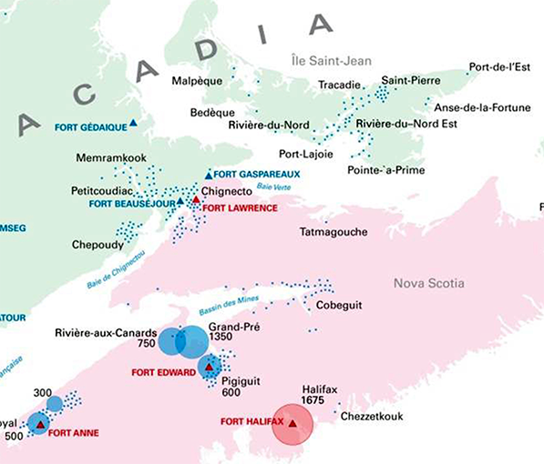 Map of Acadia in 1755 to show extensive land of Acadians at that time.